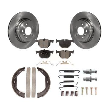 Rear Disc Rotors Semi-Metallic Pads Parking Shoes Hardware Kit For BMW 335i xDrive 335xi K8F-105084
