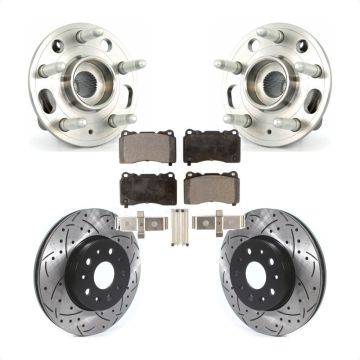 Front Hub Bearing Assembly Coated Drilled Slotted Brake Rotor & Pads Kit For Cadillac CTS KBB-114524