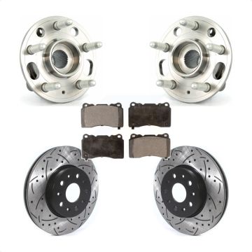 Front Hub Bearing Assembly Coated Drilled Slotted Brake Rotor & Pads Kit For Cadillac CTS KBB-114591