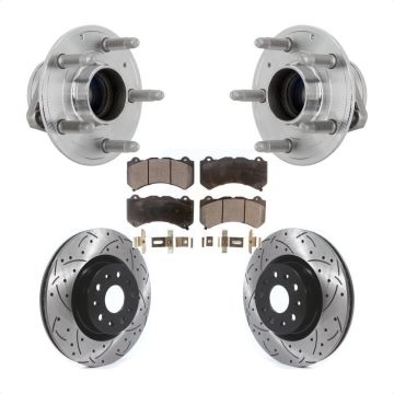 Front Hub Bearing Assembly Coated Drilled Slotted Brake Rotor & Pads Kit For Cadillac CTS KBB-131553