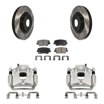 Front Disc Brake Coated Caliper Drilled Slot Rotor Semi-Metallic Pad Kit For Kia Sorento KCD-100003P