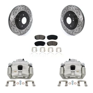 Front Brake Caliper Drilled Slot Rotor Semi-Metallic Pad Kit For Hyundai Sonata Kia Kona KCD-100009S