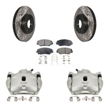 Front Brake Caliper Drill Slotted Rotor Semi-Metallic Pad Kit For Honda Civic Accord Fit KCD-100014P