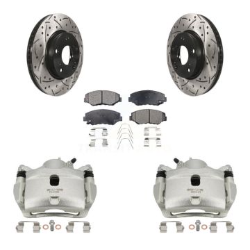 Front Disc Brake Coated Caliper Drilled Slot Rotor Semi-Metallic Pad Kit For Honda Civic KCD-100016P