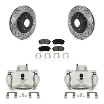 Front Brake Caliper Drill Slot Rotor Semi-Metallic Pad Kit For Hyundai Sonata Kia Optima KCD-100019S