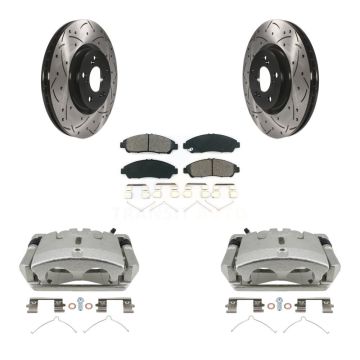 Front Brake Caliper Drill Slotted Rotors Semi-Metallic Pad Kit For 2009-2015 Honda Pilot KCD-100025S