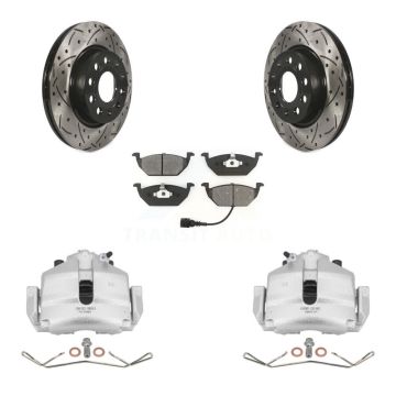 Front Brake Coated Caliper Drilled Slot Rotor Semi-Metallic Pad Kit For Volkswagen Jetta KCD-100032S