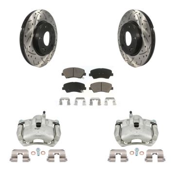 Front Brake Caliper Drill Slotted Rotor Ceramic Pad Kit For Hyundai Elantra GT Kia Forte KCD-100036C