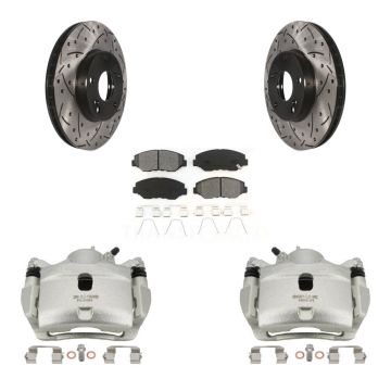 Front Brake Caliper Drill Slotted Rotor Semi-Metallic Pad Kit For Honda Civic Accord Fit KCD-100036S