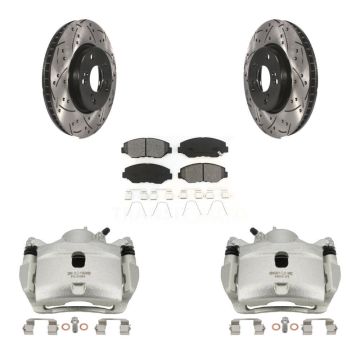 Front Disc Brake Coated Caliper Drilled Slot Rotor Semi-Metallic Pad Kit For Honda Civic KCD-100037S