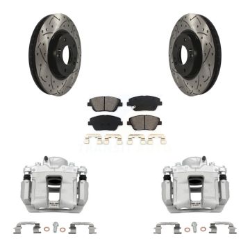 Front Brake Caliper Drill Slot Rotor Semi-Metallic Pad Kit For Hyundai Sonata Kia Optima KCD-100038S
