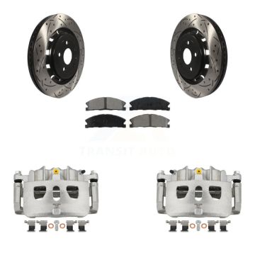 Front Brake Caliper Drill Slot Rotor Semi-Metallic Pad Kit For Ford Explorer Flex Taurus KCD-100041S
