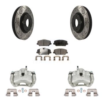 Front Brake Coated Caliper Drill Slot Rotors Semi-Metallic Pad Kit For 2014 Kia Forte SX KCD-100043P