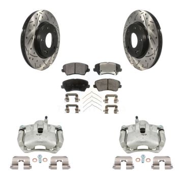 Front Brake Caliper Drill Slot Rotor Semi-Metallic Pad Kit For Kia Forte Hyundai Elantra KCD-100045P