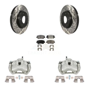 Front Brake Caliper Drill Slotted Rotor Ceramic Pad Kit For Kia Forte Hyundai Elantra GT KCD-100045T