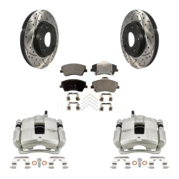 Front Brake Coated Caliper Drill Slotted Rotor Semi-Metallic Pad Kit For Hyundai Elantra KCD-100048P