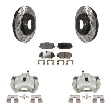 Front Disc Brake Coated Caliper Drilled Slot Rotor Ceramic Pad Kit For 2014 Kia Forte LX KCD-100050T
