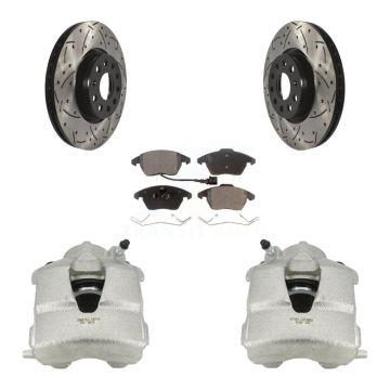 Front Brake Coated Caliper Drilled Slot Rotor Semi-Metallic Pad Kit For Volkswagen Jetta KCD-100060P