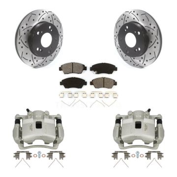 Front Brake Caliper Drill Slotted Rotors Semi-Metallic Pad Kit For Honda Civic Acura RSX KCD-100060S