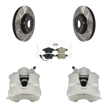 Front Brake Coated Caliper Drilled Slot Rotor Semi-Metallic Pad Kit For Volkswagen Jetta KCD-100064N