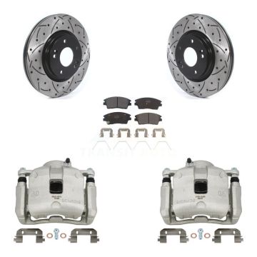 Front Brake Coated Caliper Drill Slot Rotor Semi-Metallic Pad Kit For Hyundai Tucson Kia KCD-100069P