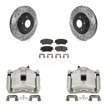 Front Brake Caliper Drill Slotted Rotors Ceramic Pad Kit For Hyundai Tucson Kia Sportage KCD-100069T