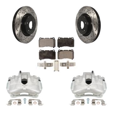 Front Brake Caliper Drill Slotted Rotors Semi-Metallic Pad Kit For Hyundai Genesis Coupe KCD-100077P