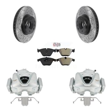 Front Disc Brake Coated Caliper Drilled Slotted Rotor Semi-Metallic Pad Kit For BMW 328i KCD-100078N