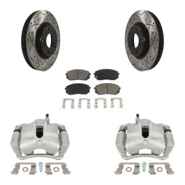 Front Brake Caliper Drill Slotted Rotors Ceramic Pad Kit For Hyundai Tucson Kia Sportage KCD-100089C
