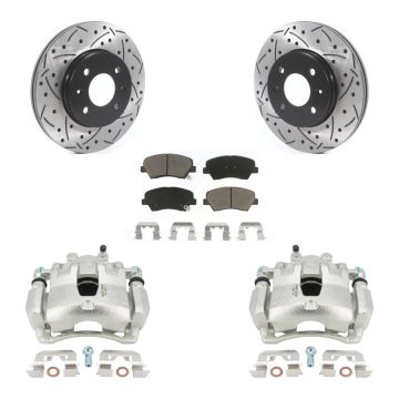 Front Brake Coated Caliper Drilled Slot Rotor Ceramic Pad Kit For Hyundai Accent Kia Rio KCD-100090C
