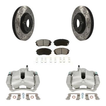 Front Brake Coated Caliper Drill Slot Rotor Semi-Metallic Pad Kit For Hyundai Tucson Kia KCD-100092S