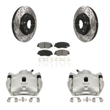 Front Disc Brake Coated Caliper Drilled Slot Rotor Semi-Metallic Pad Kit For Honda Civic KCD-100097S