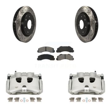 Front Disc Brake Coated Caliper Drill Slotted Rotor Semi-Metallic Pad Kit For Ford F-150 KCD-100099S