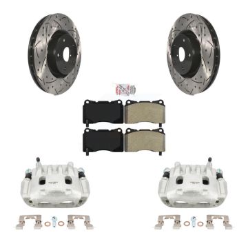 Front Brake Coated Caliper Drill Slot Rotor Semi-Metallic Pad Kit For Subaru Impreza WRX KCD-100116N