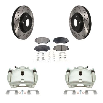 Front Brake Coat Caliper Drill Slot Rotor Semi-Metallic Pad Kit For 2005-2006 Honda CR-V KCD-100117P