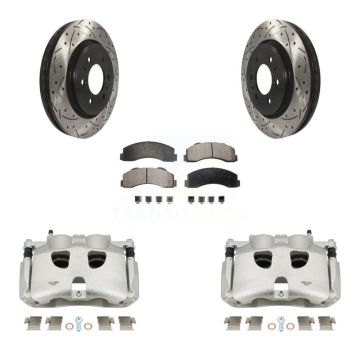 Front Disc Brake Coated Caliper Drill Slotted Rotor Semi-Metallic Pad Kit For Ford F-150 KCD-100130P