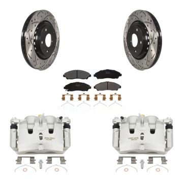 Front Brake Caliper Drill Slot Rotor Semi-Metallic Pad Kit For Honda Pilot Ridgeline MDX KCD-100135P