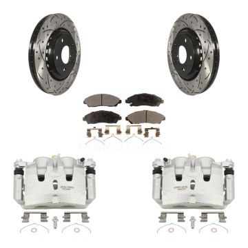 Front Brake Caliper Drill Slot Rotor Ceramic Pad Kit For Honda Pilot Ridgeline Acura MDX KCD-100137T