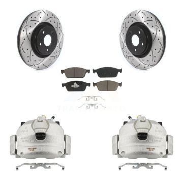 Front Disc Brake Coated Caliper Drilled Slotted Rotors & Ceramic Pad Kit For Lincoln MKC KCD-100140C