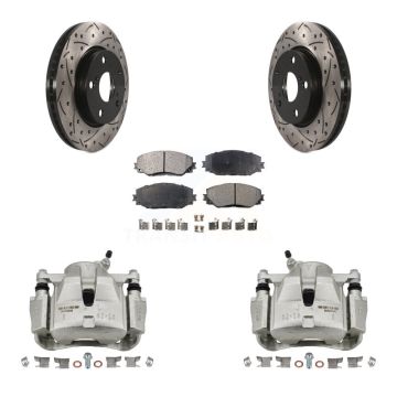 Front Brake Caliper Drill Slotted Rotor Ceramic Pad Kit For Toyota RAV4 Prius V Scion xB KCD-100143T