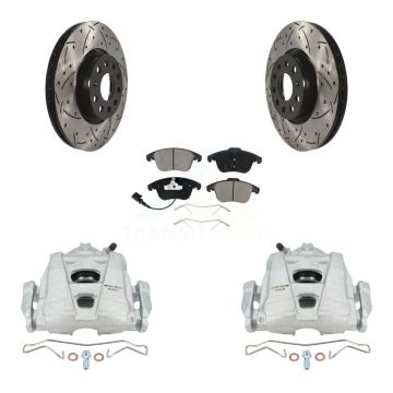 Front Brake Caliper Drilled Slot Rotor Ceramic Pad Kit For Volkswagen Tiguan Passat Audi KCD-100149C