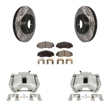 Front Disc Brake Coated Caliper Drilled Slotted Rotor & Ceramic Pad Kit For Honda Accord KCD-100149T