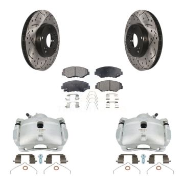 Front Brake Caliper Drilled Slot Rotor Semi-Metallic Pad Kit For 2003-2011 Honda Element KCD-100150P