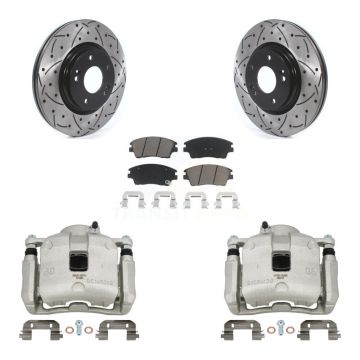 Front Brake Caliper Drill Slotted Rotors Ceramic Pad Kit For Hyundai Tucson Kia Sportage KCD-100152C