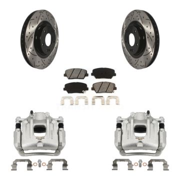 Front Disc Brake Coated Caliper Drilled Slot Rotor Semi-Metallic Pad Kit For Kia Sorento KCD-100155S