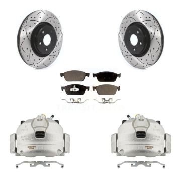 Front Disc Brake Coated Caliper Drilled Slot Rotor Semi-Metallic Pad Kit For Lincoln MKC KCD-100157P