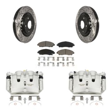 Front Brake Caliper Drill Slot Rotor Ceramic Pad Kit For Honda Pilot Ridgeline Acura MDX KCD-100159C