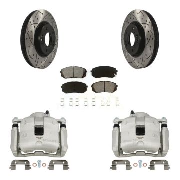 Front Brake Caliper Drill Slotted Rotor Semi-Metallic Pad Kit For 2016 Kia Sportage 2.4L KCD-100167S
