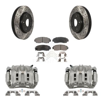 Front Brake Caliper Drill Slotted Rotors Ceramic Pad Kit For Honda CR-V Crosstour Accord KCD-100172T