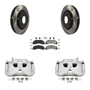Front Disc Brake Coated Caliper Drill Slotted Rotor Semi-Metallic Pad Kit For Ford F-150 KCD-100176N
